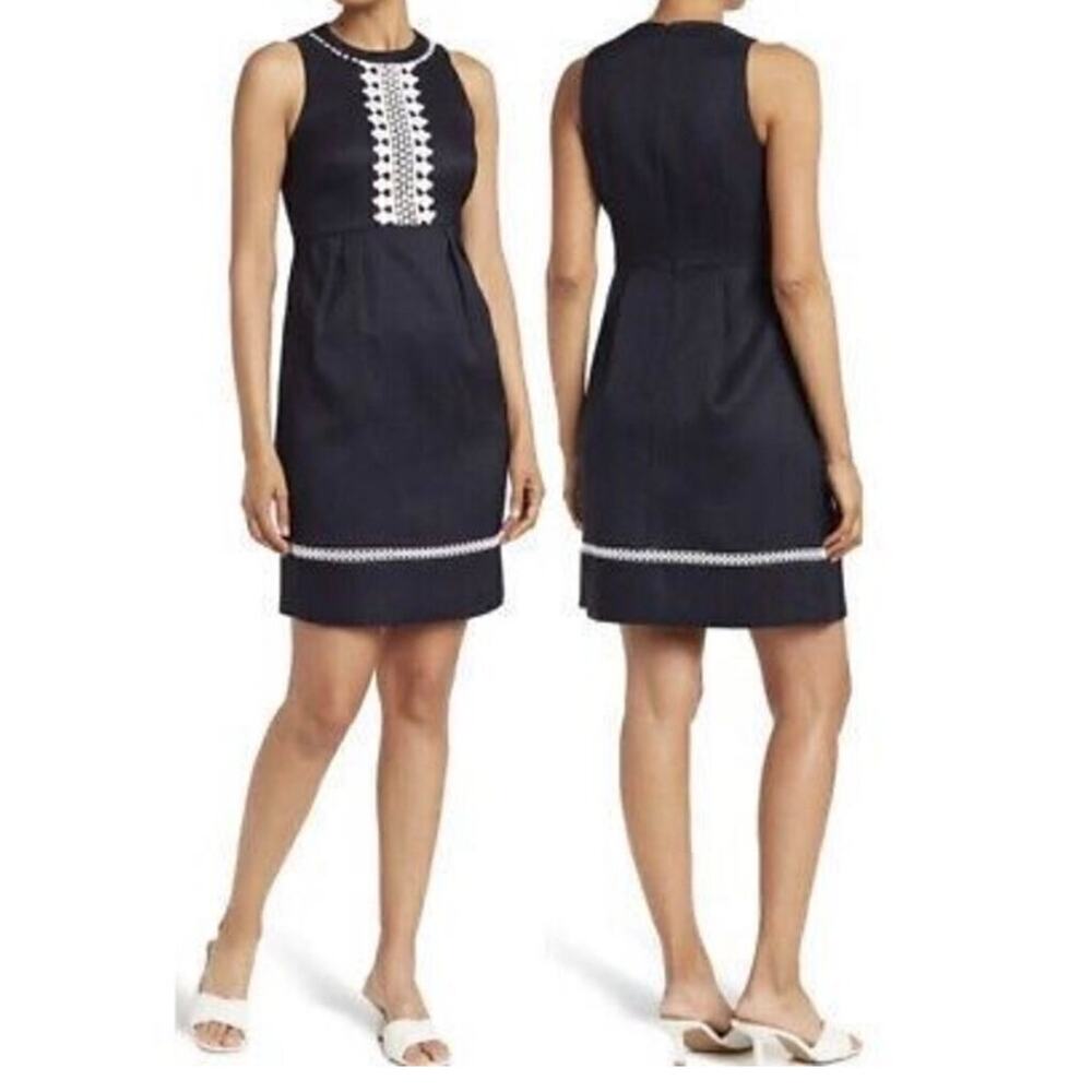 Eliza J Sleeveless Lace Embroidered Dress Navy White Size 14